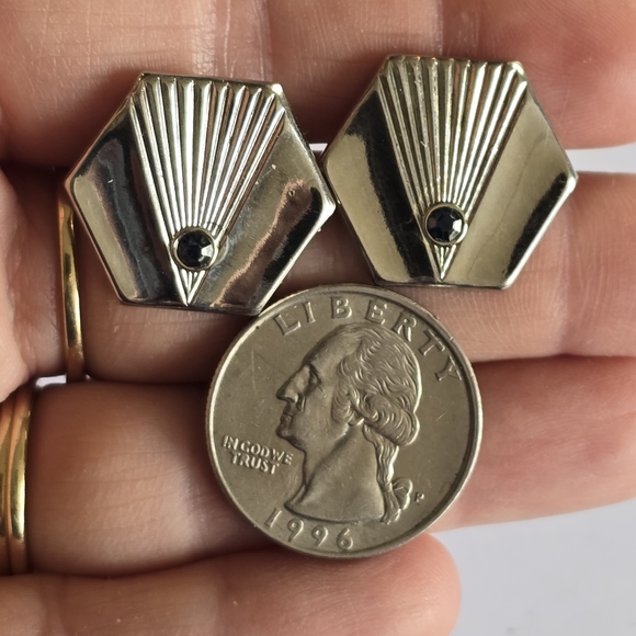 Vintage cuff links Art Deco style silver tone cufflinks blue gem - Picture 4 of 12